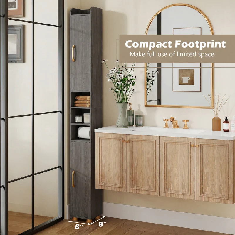 Narrow Bathroom Storage Cabinet, Open Shelves, Toilet Paper Holder, Gray