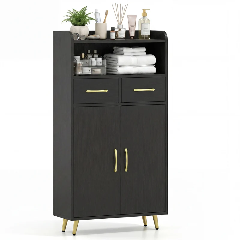 Bathroom Storage Cabinet, 2 Drawers, 2 Doors, Black