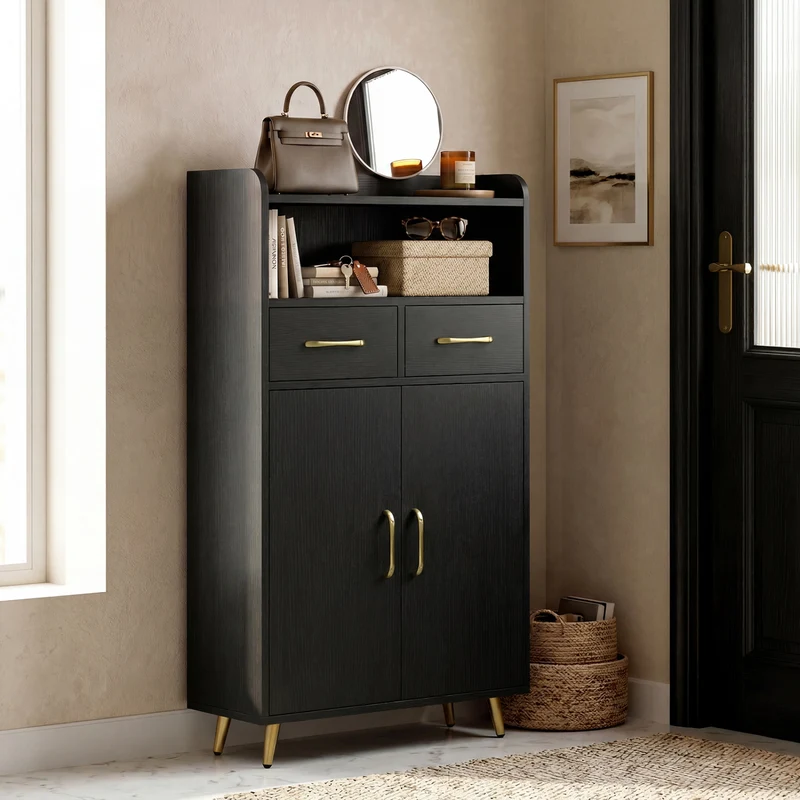 Bathroom Storage Cabinet, 2 Drawers, 2 Doors, Black