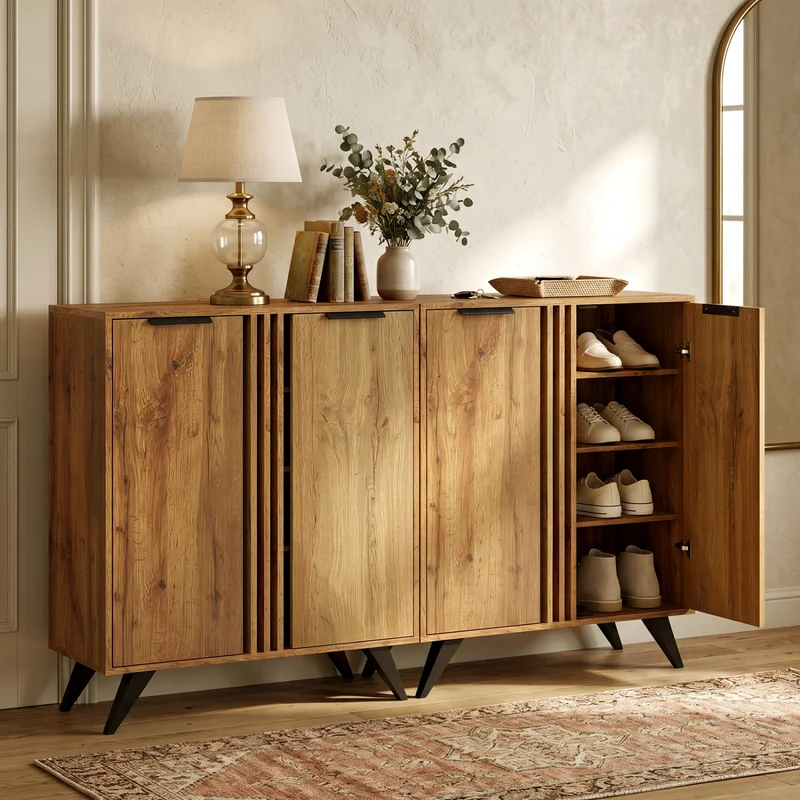 4-Tier Hidden Shoe Cabinet, 2 Doors, Natural