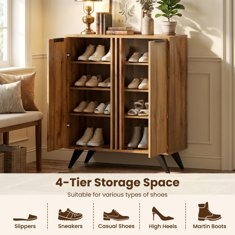 4-Tier Hidden Shoe Cabinet, 2 Doors, Natural
