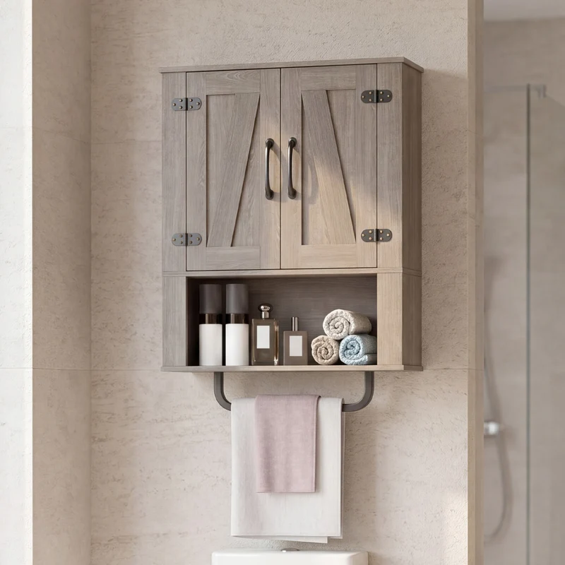 Bathroom Wall Cabinet, Barn Doors, Towel Bar, 3-Tier, Gray