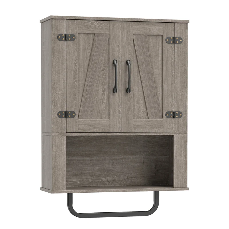 Bathroom Wall Cabinet, Barn Doors, Towel Bar, 3-Tier, Gray