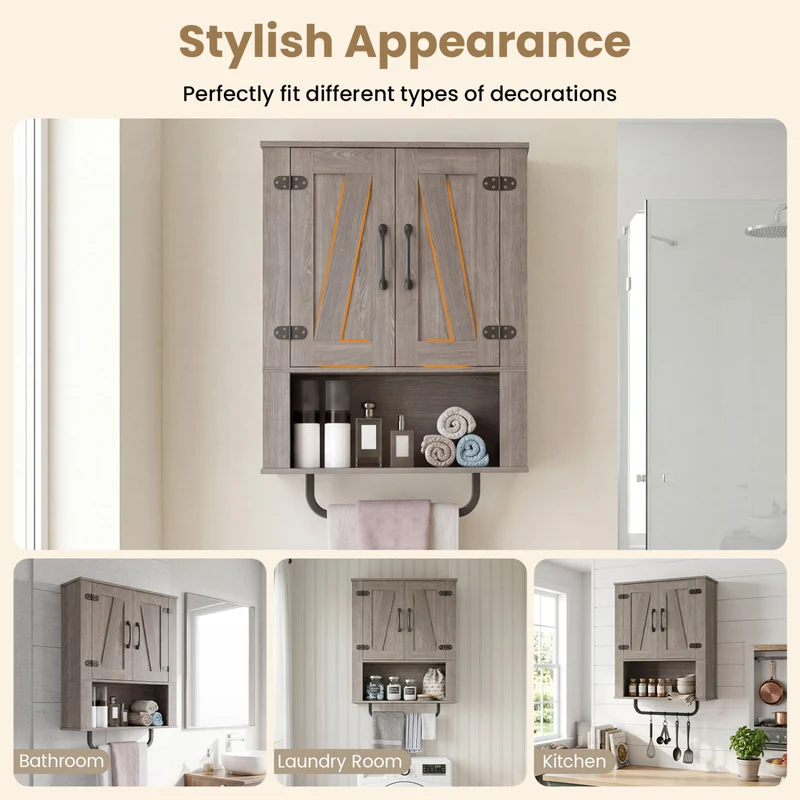 Bathroom Wall Cabinet, Barn Doors, Towel Bar, 3-Tier, Gray