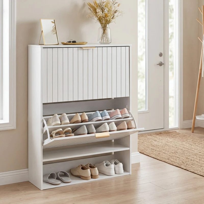 Fluted Shoe Cabinet, 2 Flip Drawers, Open Storage, White