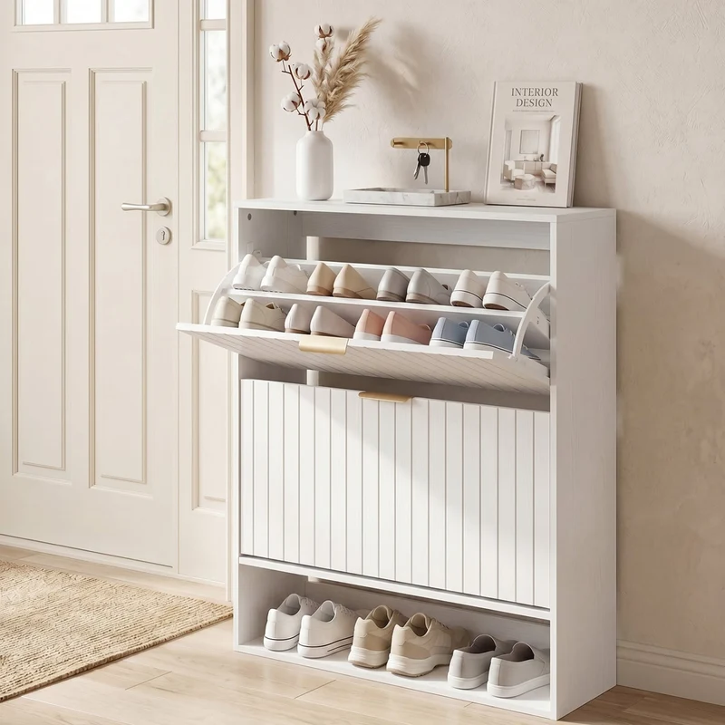 Fluted Shoe Cabinet, 2 Flip Drawers, Open Storage, White