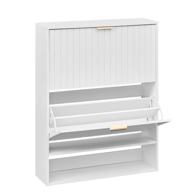 Fluted Shoe Cabinet, 2 Flip Drawers, Open Storage, White