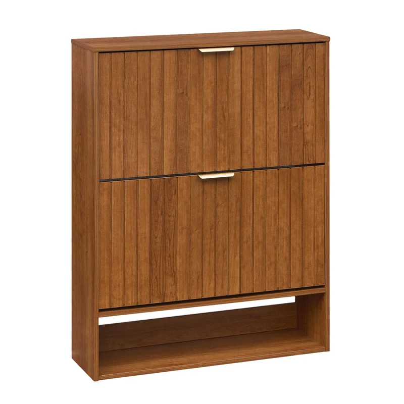 Fluted Shoe Cabinet, 2 Flip Drawers, Open Storage, Walnut