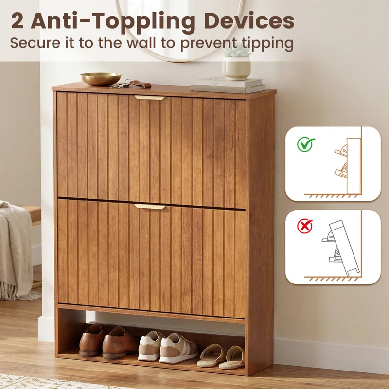 Fluted Shoe Cabinet, 2 Flip Drawers, Open Storage, Walnut
