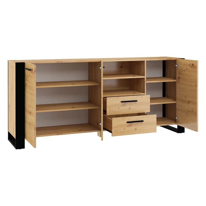 Buffet long 3 portes 2 tiroirs Nouka Bois et Noir