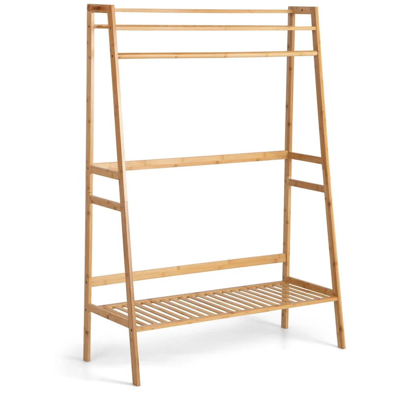 Bamboo Clothing Rack With Storage Shelves, Natural
