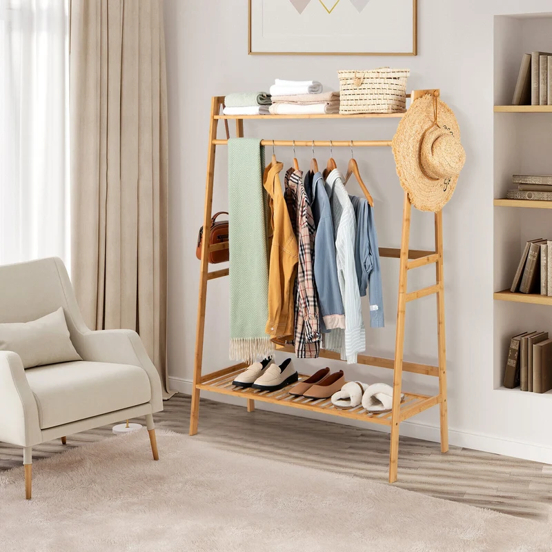 Bamboo Clothing Rack With Storage Shelves, Natural