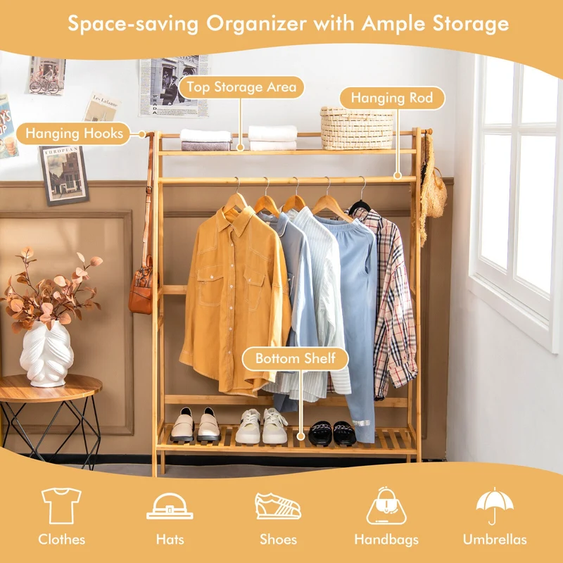 Bamboo Clothing Rack With Storage Shelves, Natural