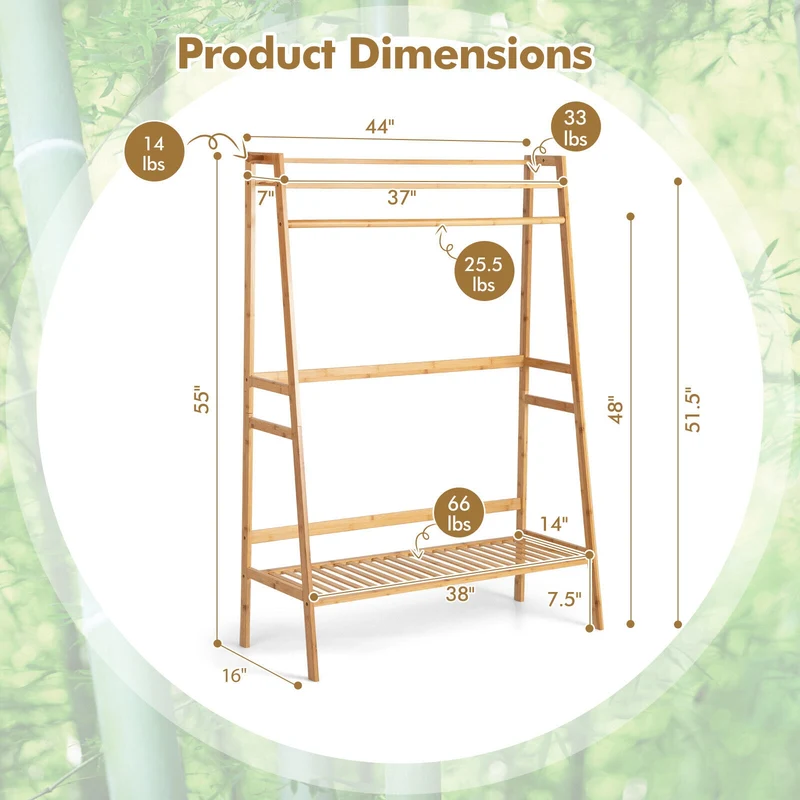 Bamboo Clothing Rack With Storage Shelves, Natural