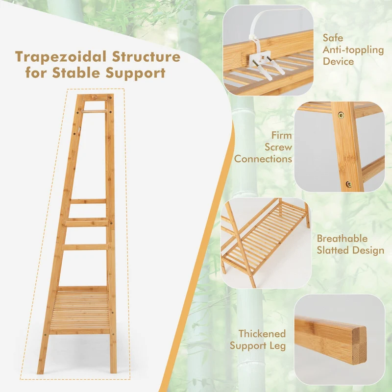 Bamboo Clothing Rack With Storage Shelves, Natural