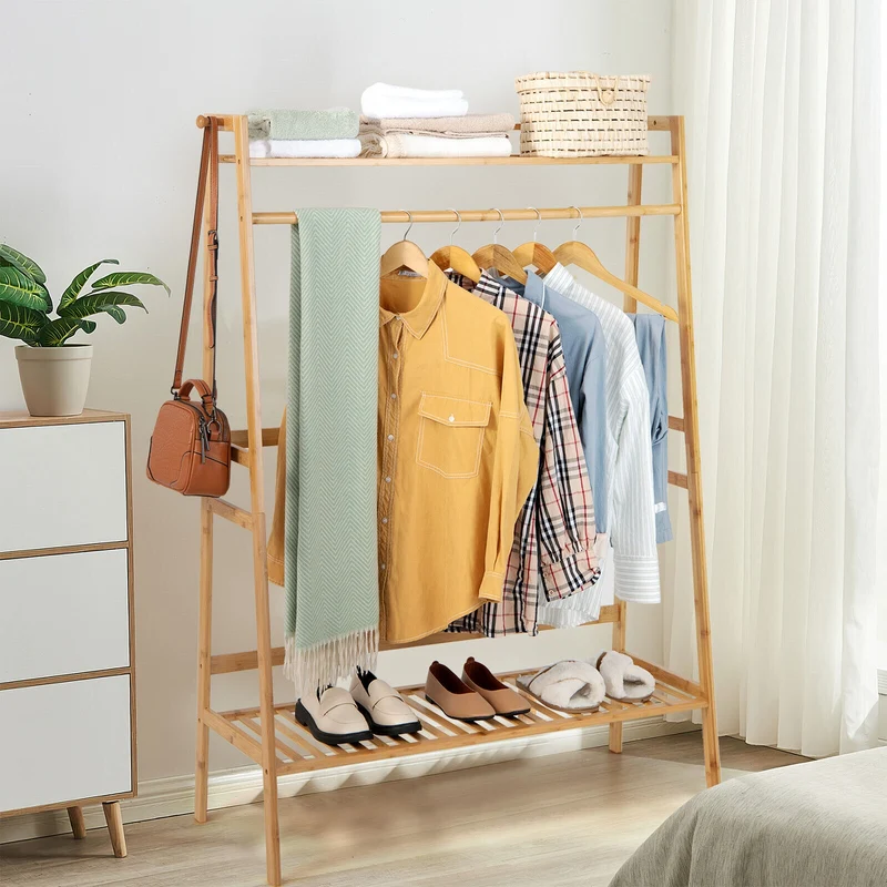 Bamboo Clothing Rack With Storage Shelves, Natural