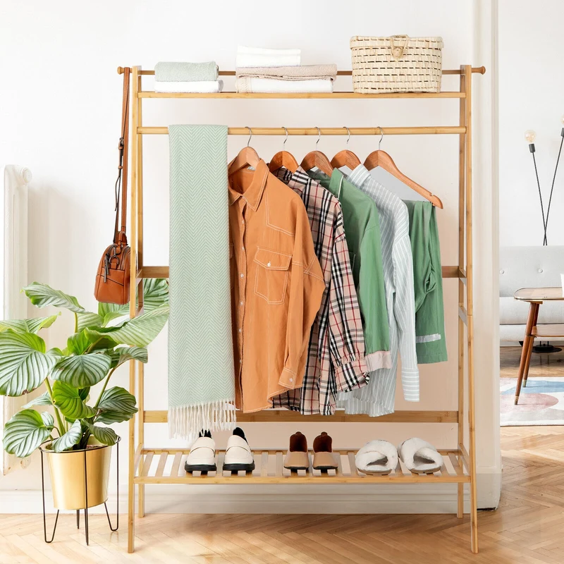 Bamboo Clothing Rack With Storage Shelves, Natural