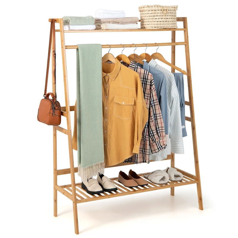 Bamboo Clothing Rack With Storage Shelves, Natural