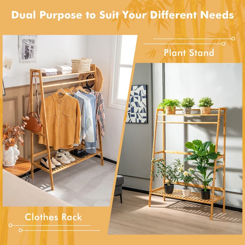 Bamboo Clothing Rack With Storage Shelves, Natural