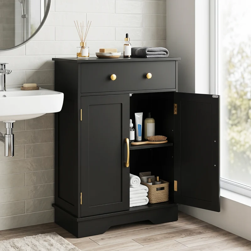 Floor Storage Cabinet With Doors, Modern Buffet Sideboard, Black