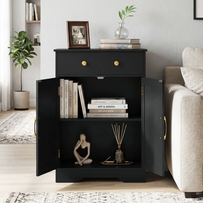 Floor Storage Cabinet With Doors, Modern Buffet Sideboard, Black