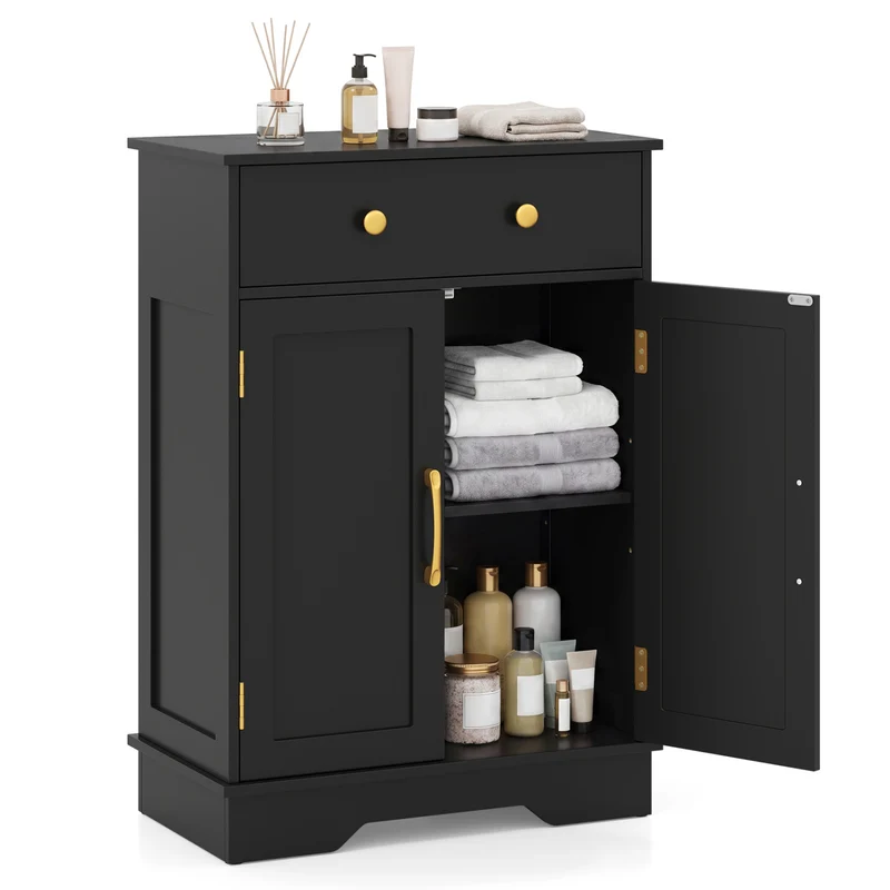 Floor Storage Cabinet With Doors, Modern Buffet Sideboard, Black