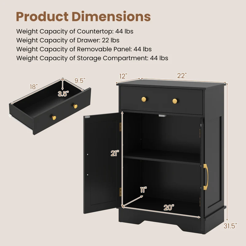 Floor Storage Cabinet With Doors, Modern Buffet Sideboard, Black