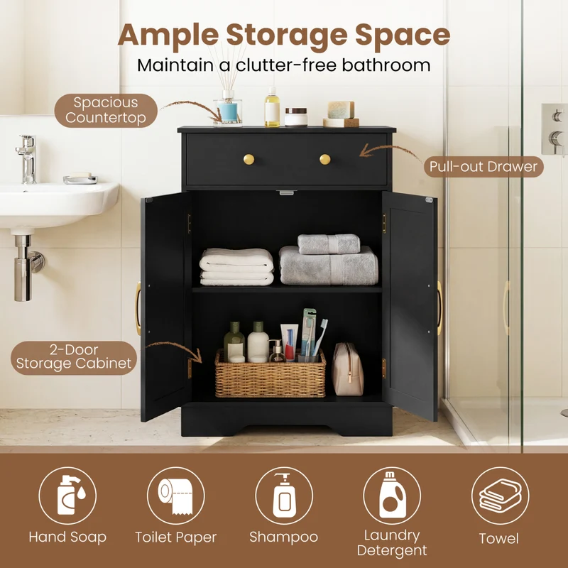 Floor Storage Cabinet With Doors, Modern Buffet Sideboard, Black