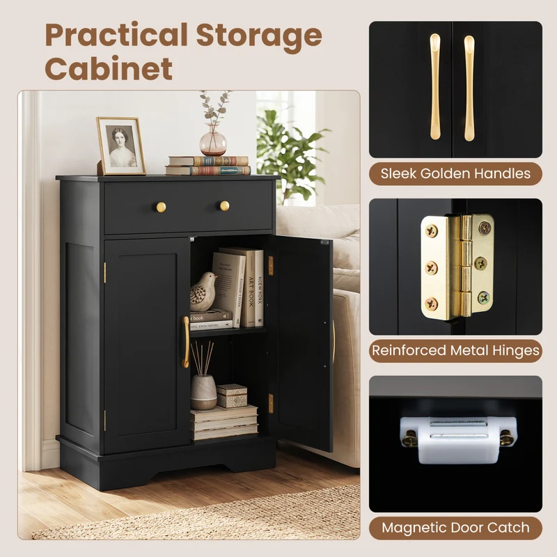 Floor Storage Cabinet With Doors, Modern Buffet Sideboard, Black