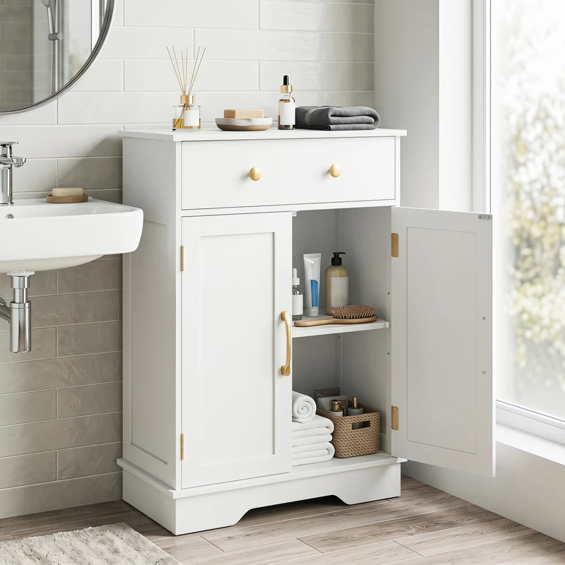 Floor Storage Cabinet with Doors Modern Buffet Sideboard with Drawer and Adjustable Shelf, White