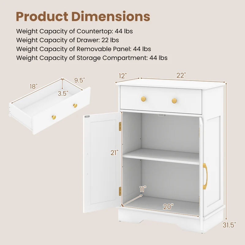 Floor Storage Cabinet with Doors Modern Buffet Sideboard with Drawer and Adjustable Shelf, White