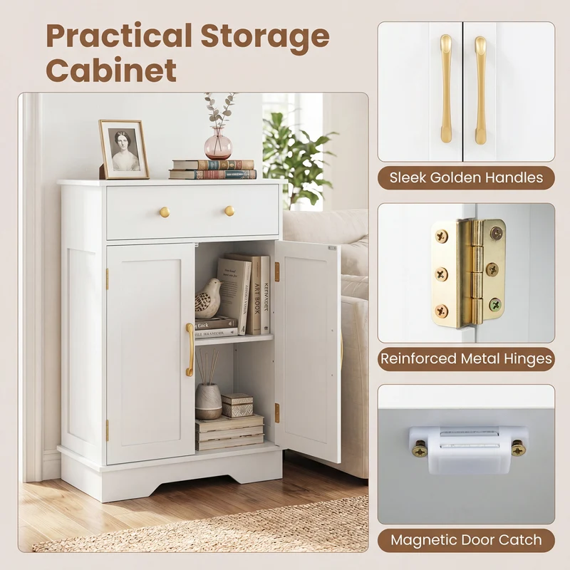 Floor Storage Cabinet with Doors Modern Buffet Sideboard with Drawer and Adjustable Shelf, White