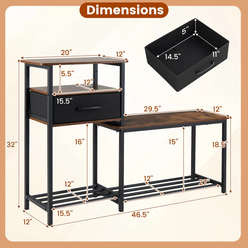 3-Tier Shoe Storage Rack Bench with Drawer and Metal Frame, Rustic Brown