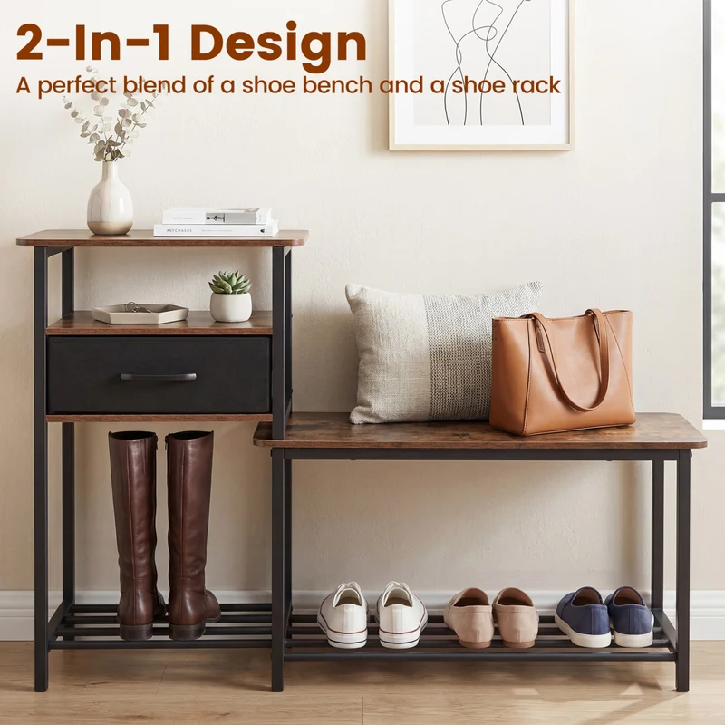 3-Tier Shoe Storage Rack Bench with Drawer and Metal Frame, Rustic Brown