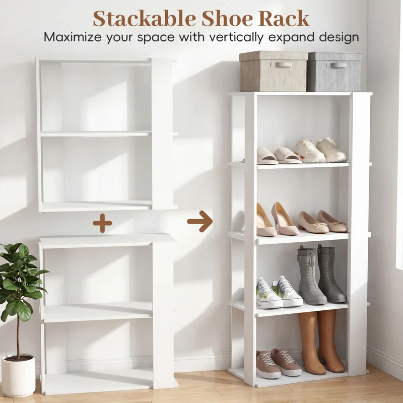 3-Tier Shoe Rack Modern Shoe Organizer with Stackable Design, White