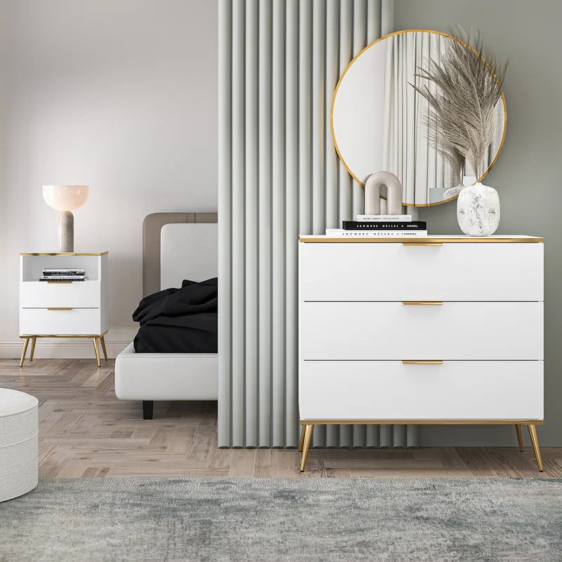 Commode 3 tiroirs Zora Blanc et Doré