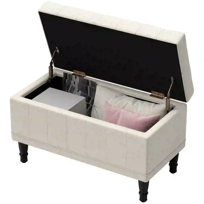 Linen Storage Ottoman, Button Tufted Bench for Bedroom, Beige