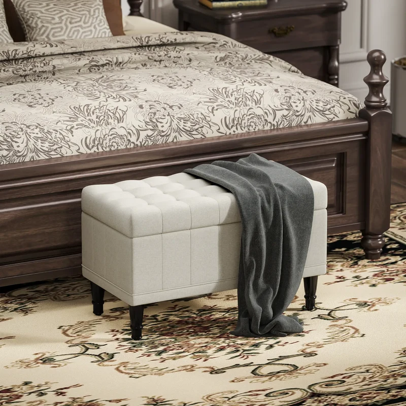 Linen Storage Ottoman, Button Tufted Bench for Bedroom, Beige