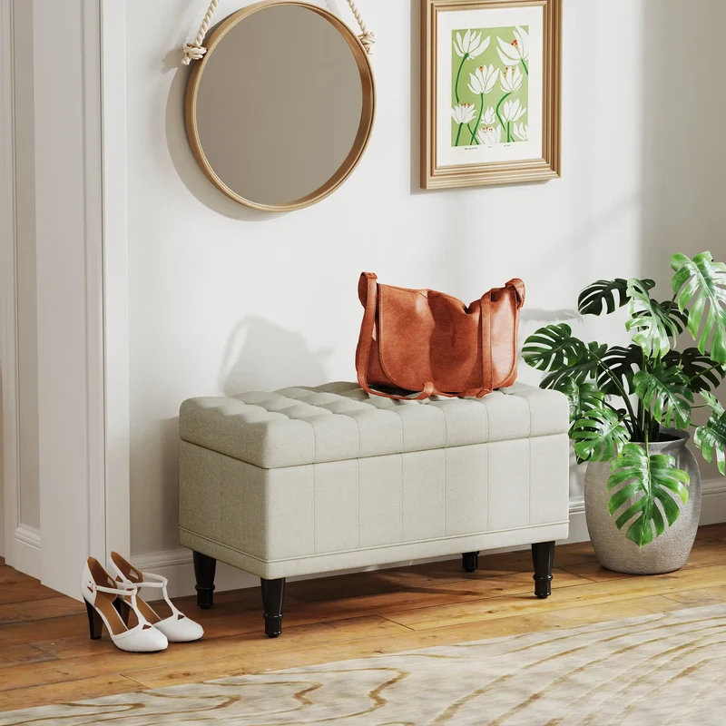 Linen Storage Ottoman, Button Tufted Bench for Bedroom, Beige