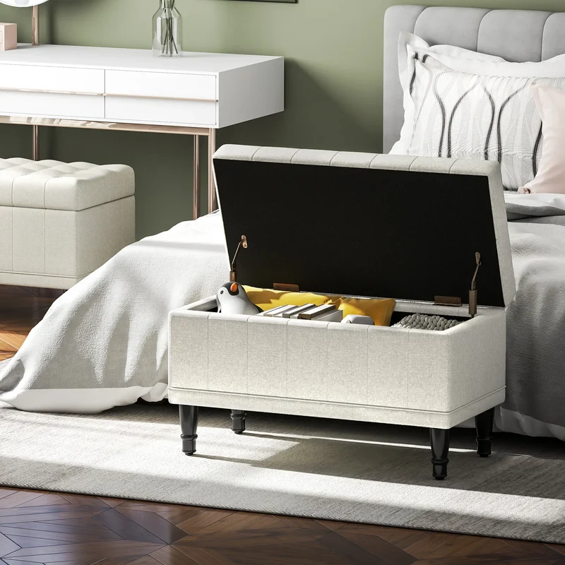Linen Storage Ottoman, Button Tufted Bench for Bedroom, Beige