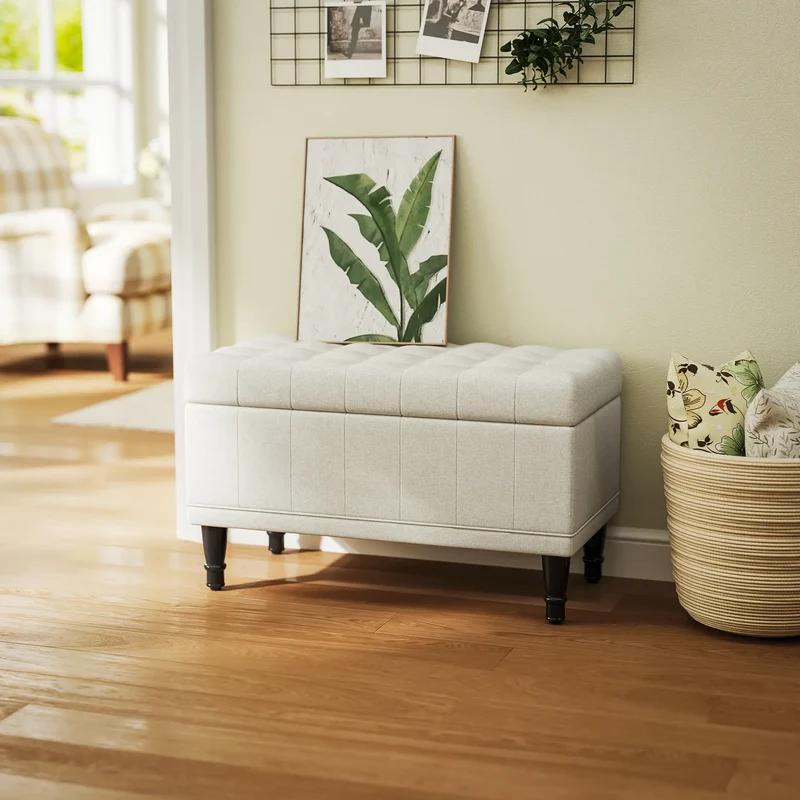 Linen Storage Ottoman, Button Tufted Bench for Bedroom, Beige