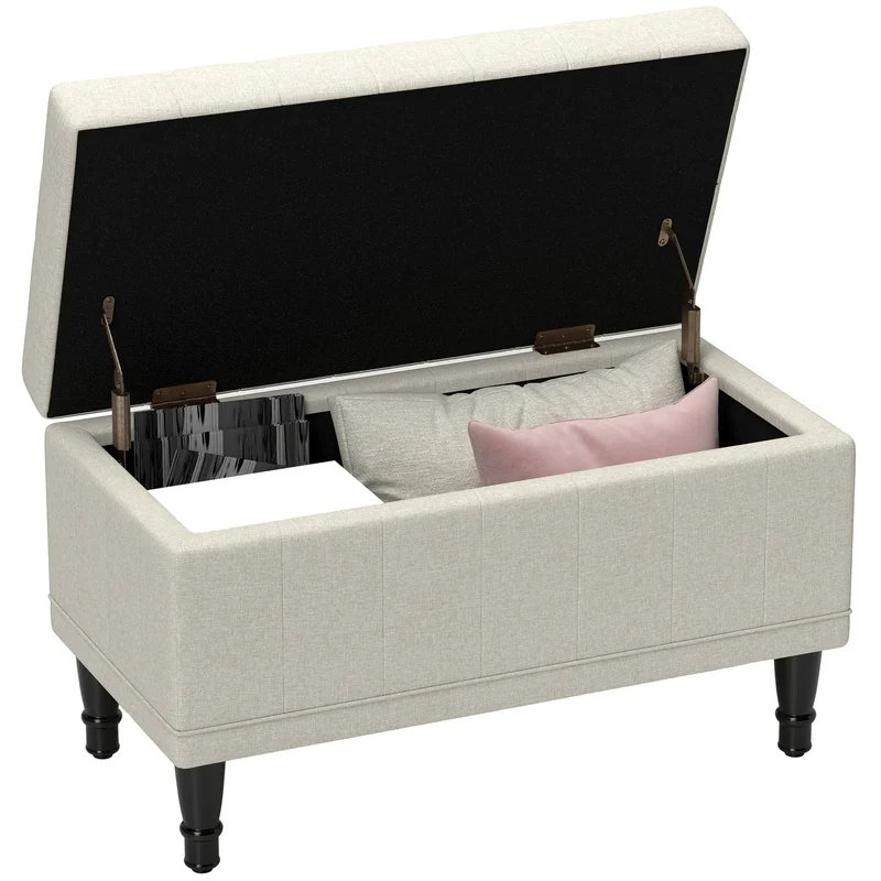 Linen Storage Ottoman, Button Tufted Bench for Bedroom, Beige
