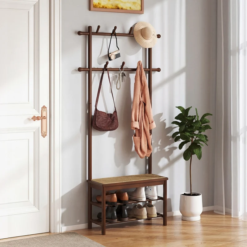 Bamboo Coat Rack With Bench, Shoe Storage, 3-In-1 Entryway, Brown