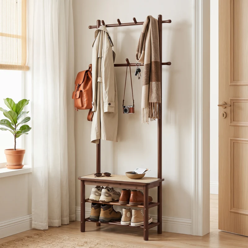 Bamboo Coat Rack With Bench, Shoe Storage, 3-In-1 Entryway, Brown