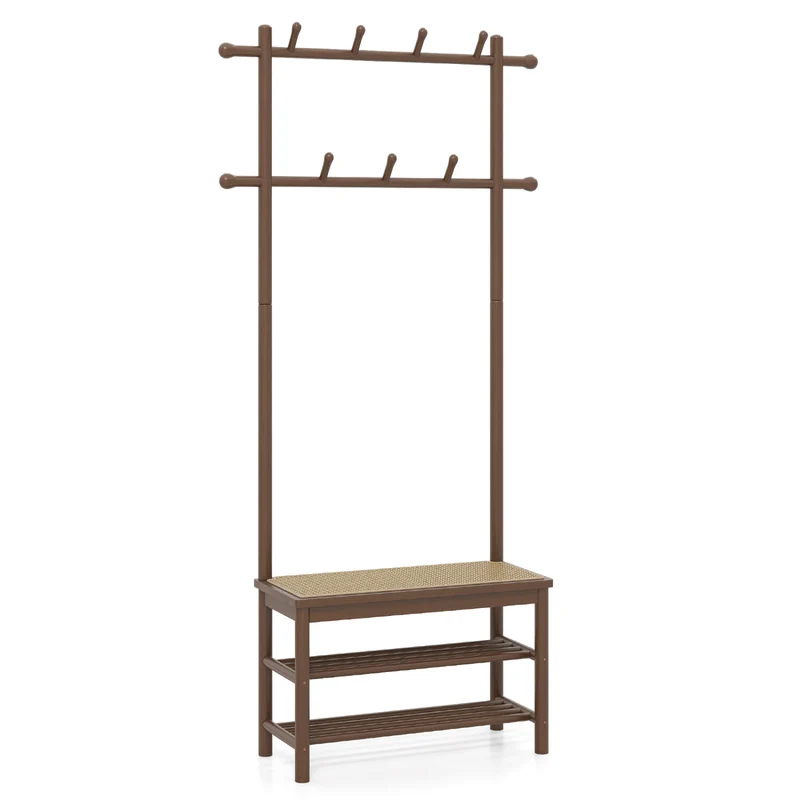 Bamboo Coat Rack With Bench, Shoe Storage, 3-In-1 Entryway, Brown