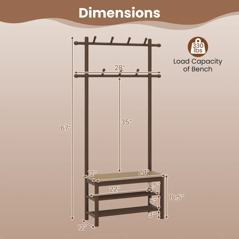 Bamboo Coat Rack With Bench, Shoe Storage, 3-In-1 Entryway, Brown
