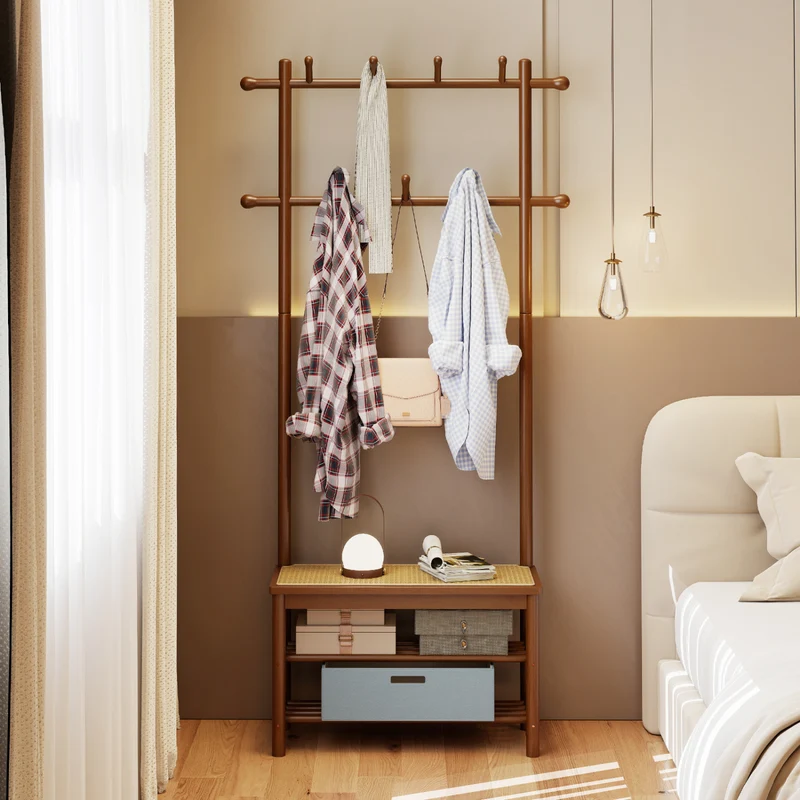 Bamboo Coat Rack With Bench, Shoe Storage, 3-In-1 Entryway, Brown