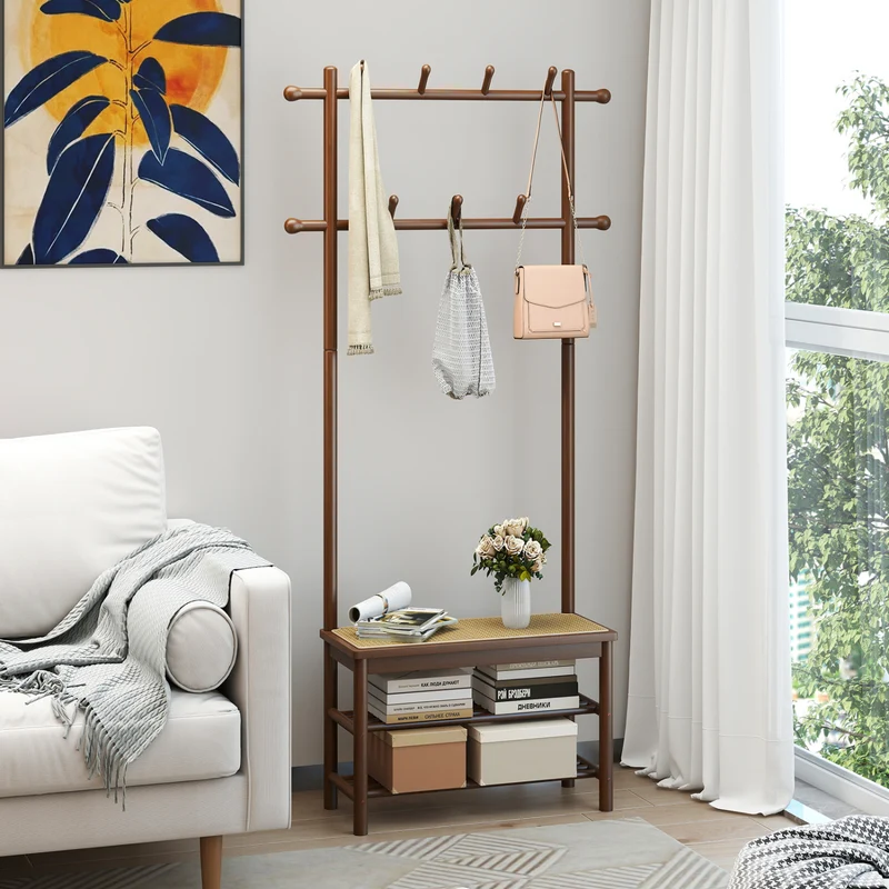 Bamboo Coat Rack With Bench, Shoe Storage, 3-In-1 Entryway, Brown