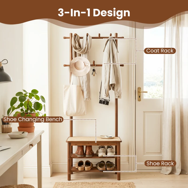 Bamboo Coat Rack With Bench, Shoe Storage, 3-In-1 Entryway, Brown
