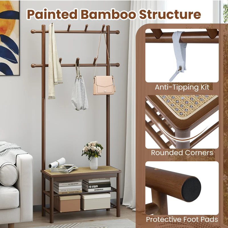 Bamboo Coat Rack With Bench, Shoe Storage, 3-In-1 Entryway, Brown